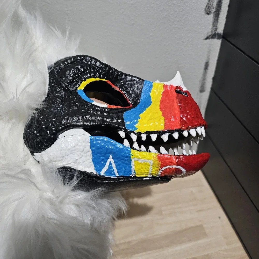 White Yellow Pink Red Blue Dino Mask Fursuit Head Cosplay Rainbow